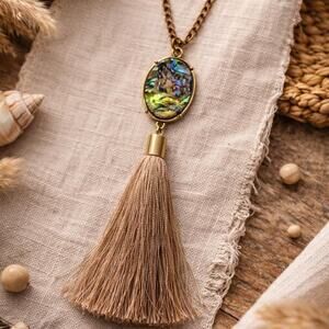 Abalone Shell Tassel Necklace | Boho Gold Pendant Natural Stone